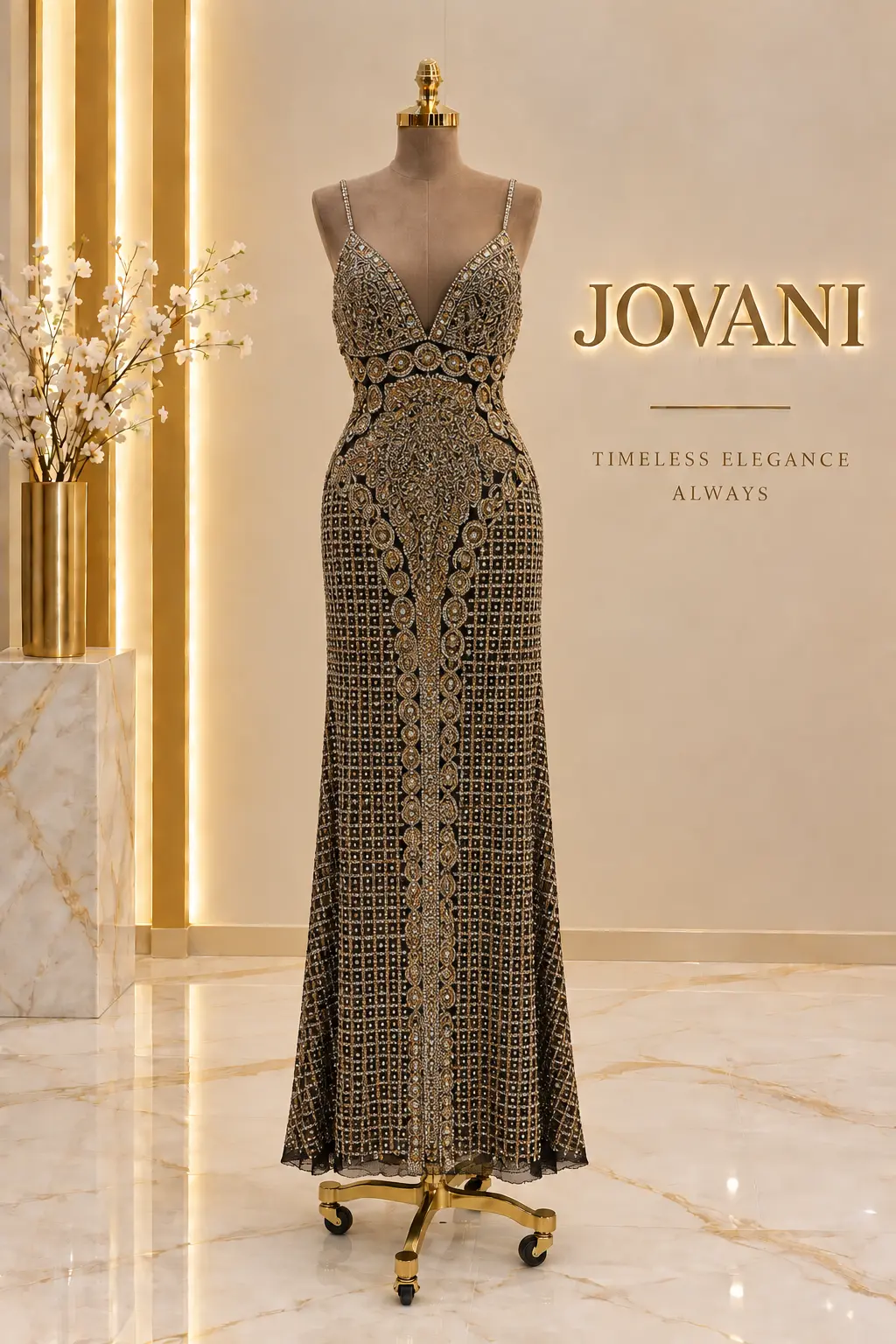 Black Gold Baroque Beaded Gown
