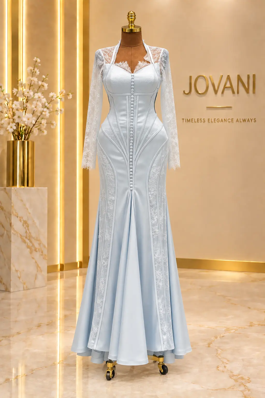 Ice Blue Lace Button Mermaid Gown