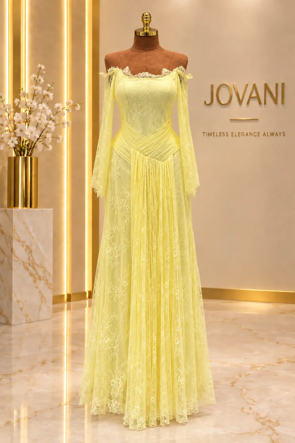 Lemon Lace Draped Panel Gown