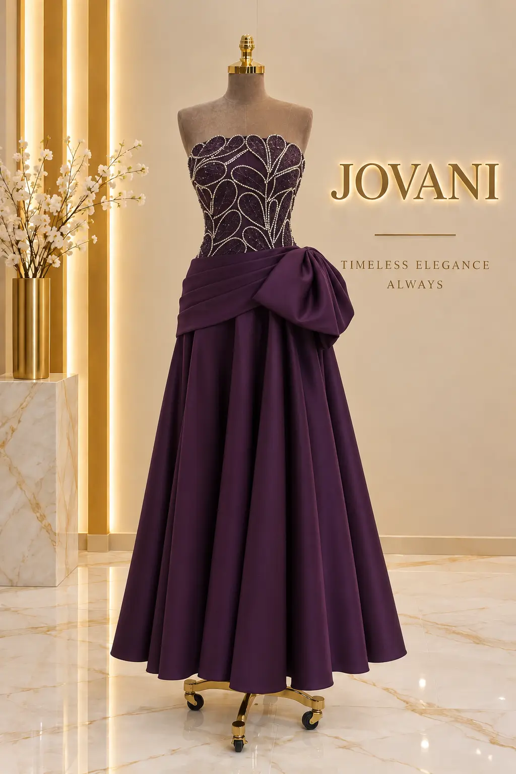 Plum Crystal Leaf Bow Ballgown