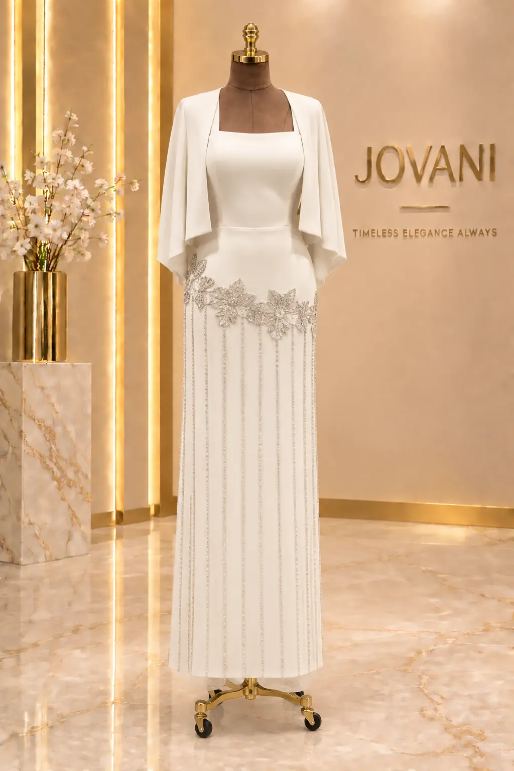 Ivory Crystal Floral Cape Column Gown