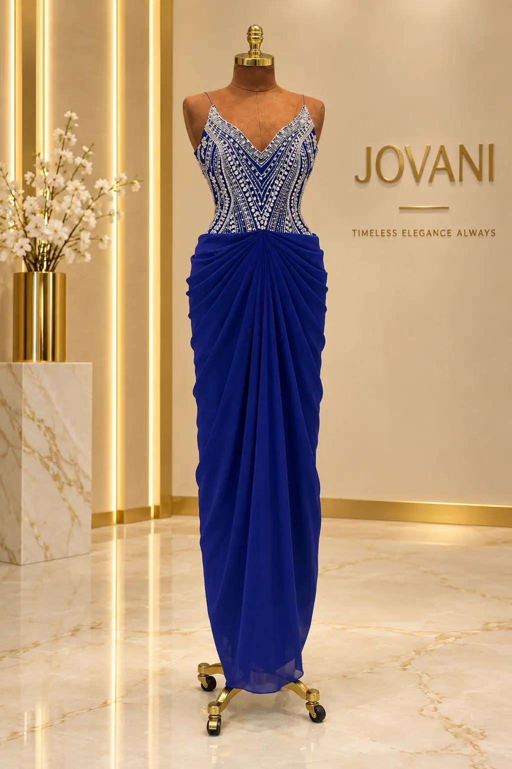 Royal Blue Crystal Draped Gown