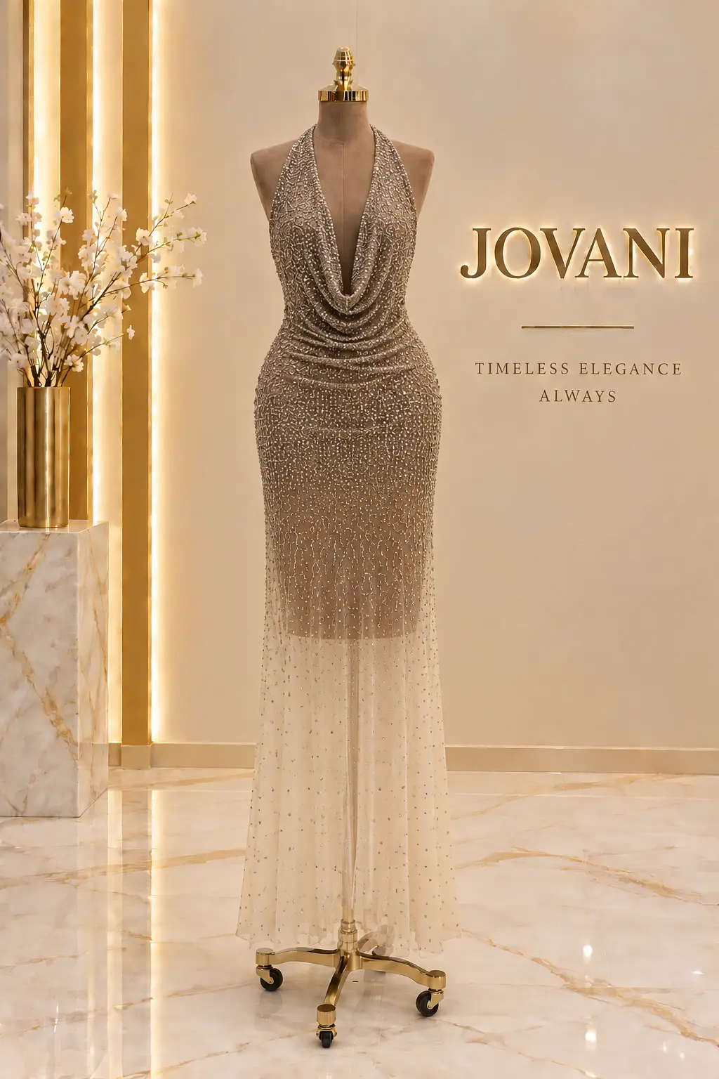 Taupe Beaded Cowl Illusion Gown
