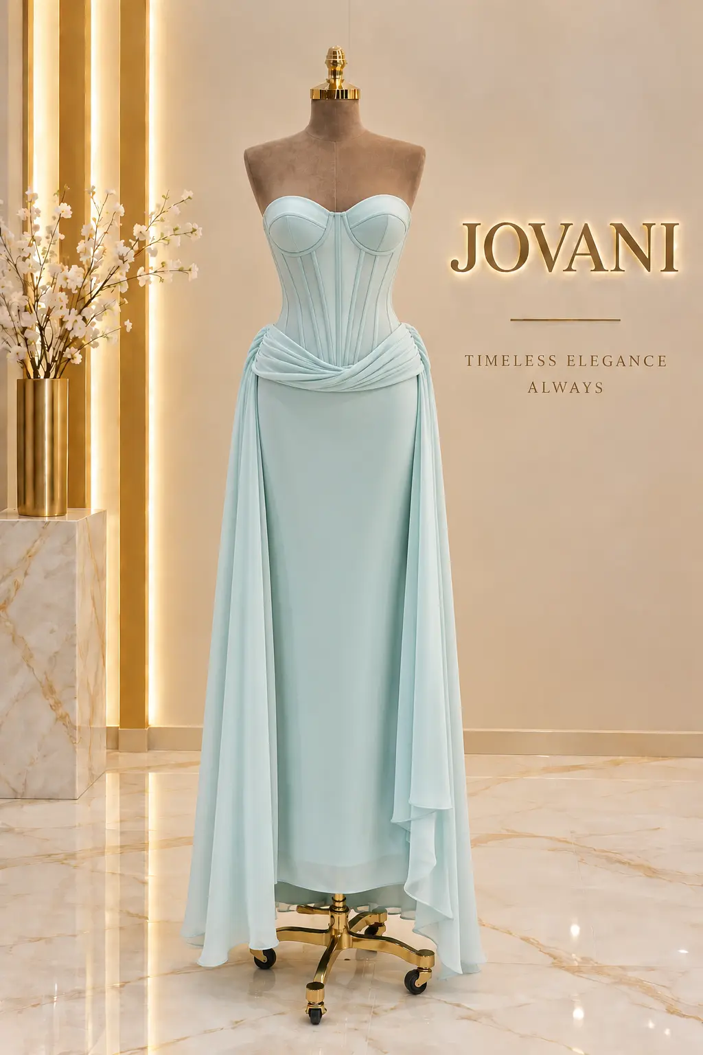 Ice Blue Corset Drape Column Gown