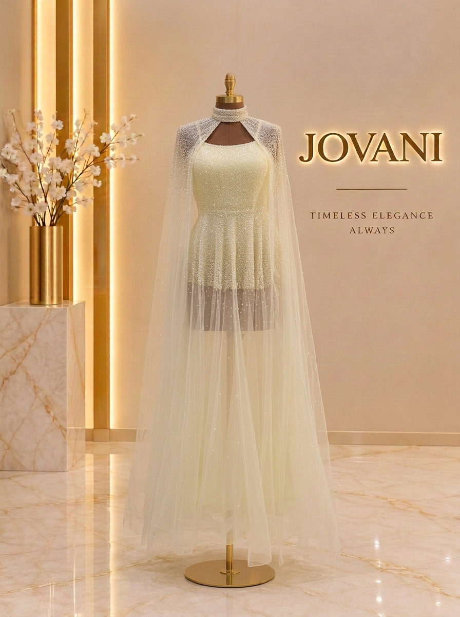 Ivory Pearl Cape Peplum Gown