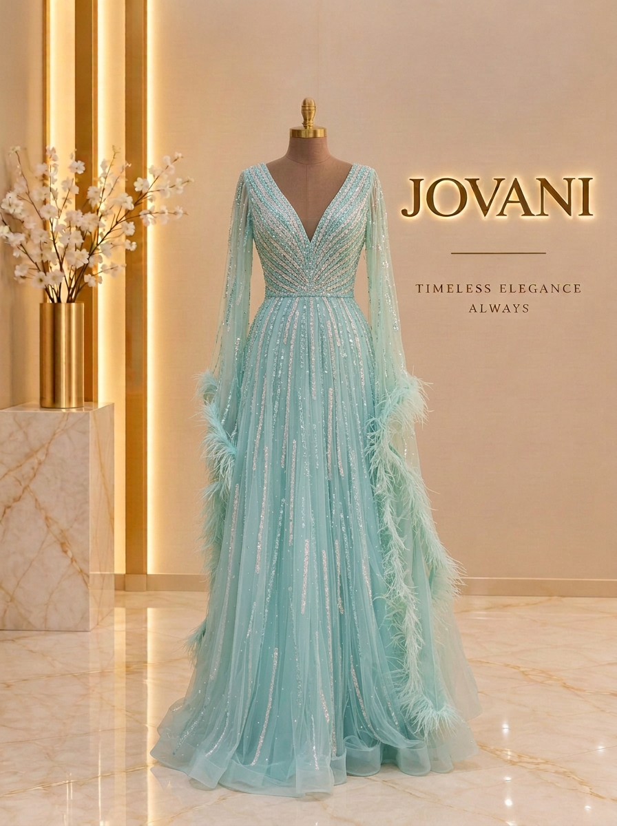 Mint Feather Beaded Gown