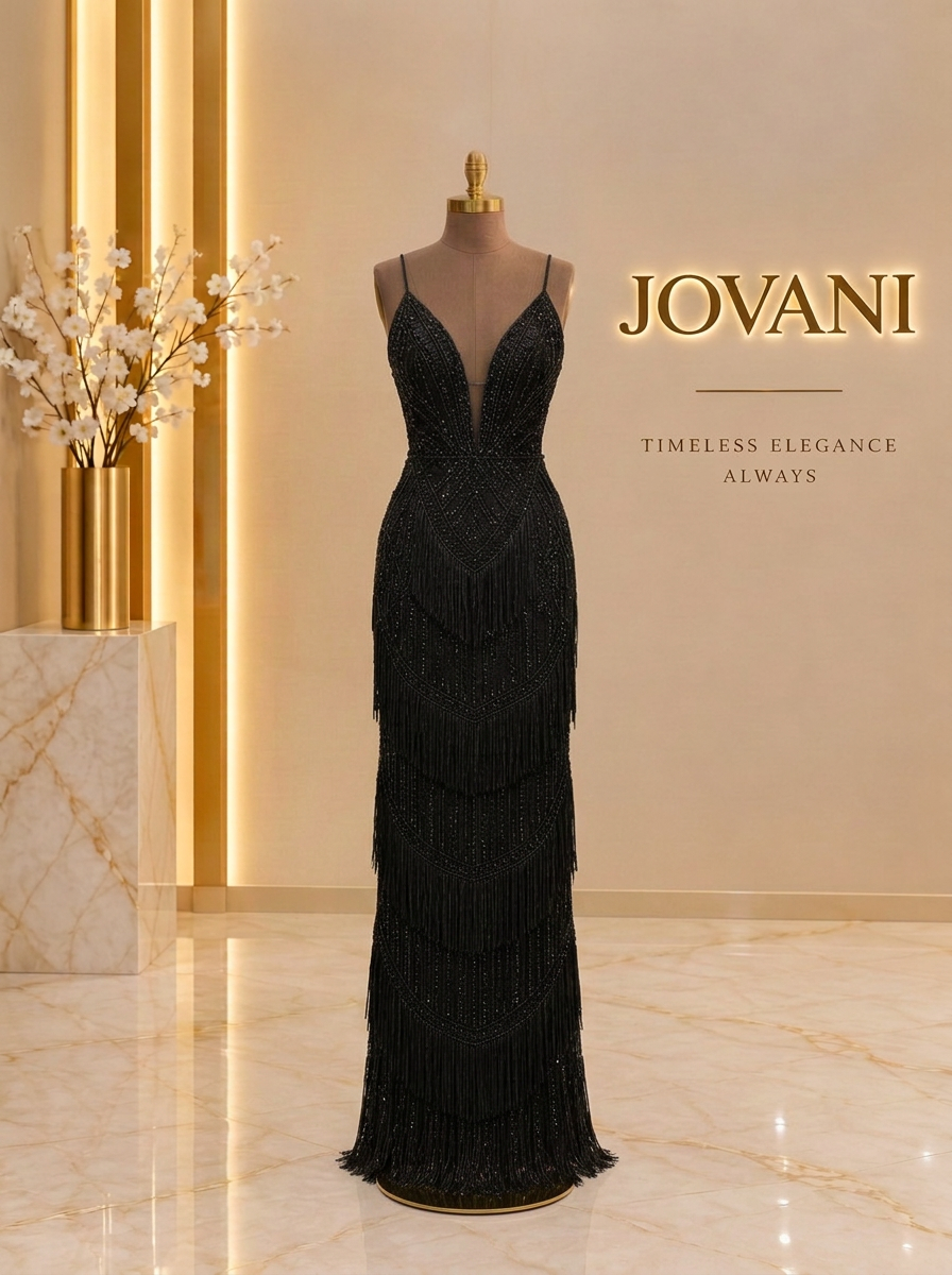 Black Beaded Fringe Gown