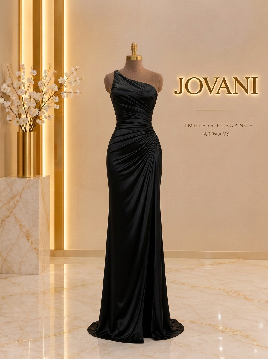 Black Satin Ruched Gown