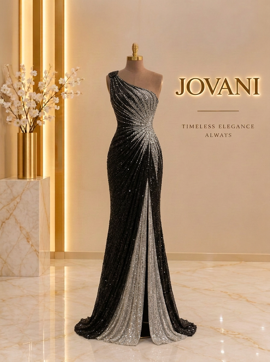 Black Silver One-Shoulder Gown