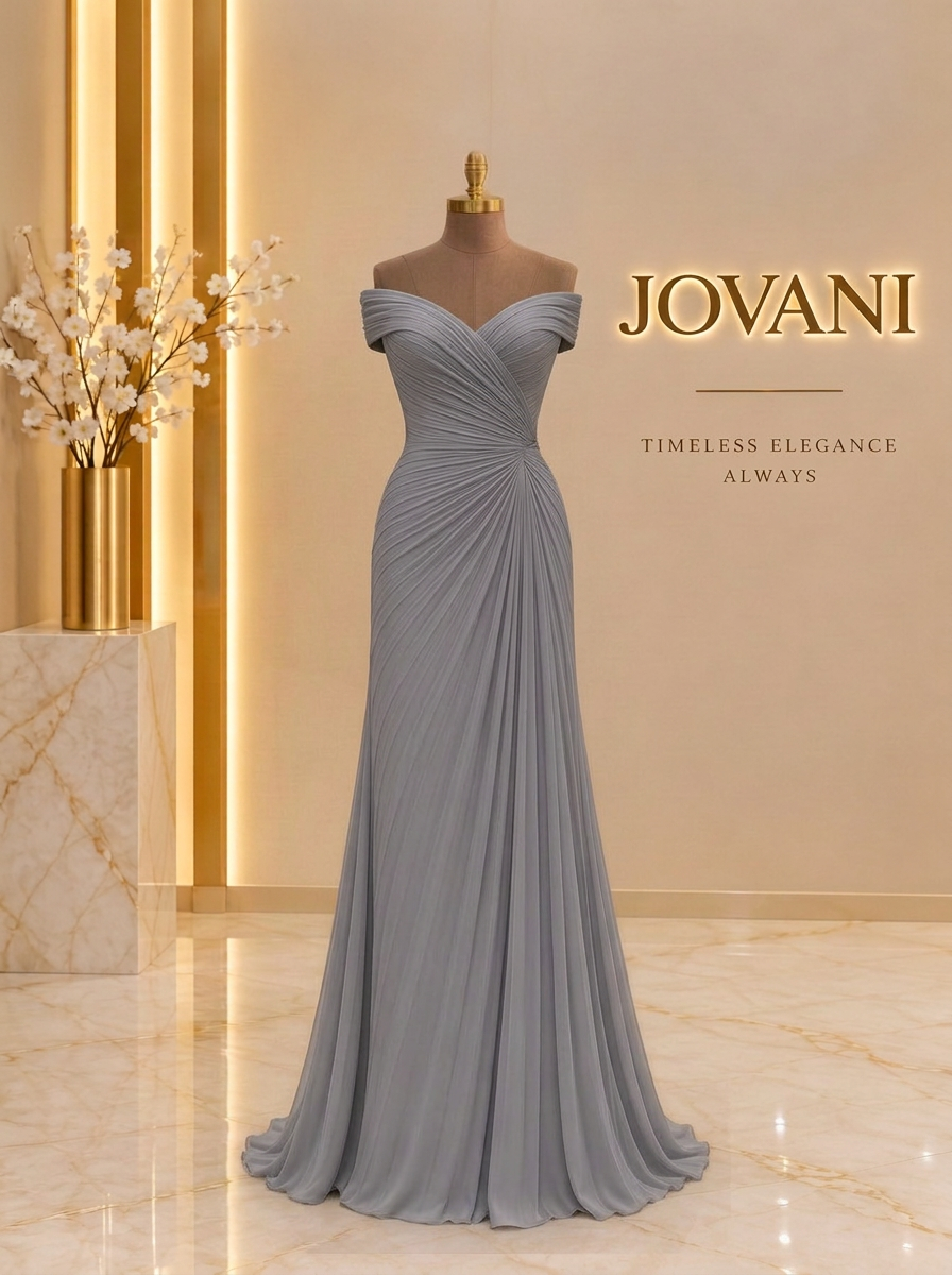 Grey Pleated Off-Shoulder Gown
