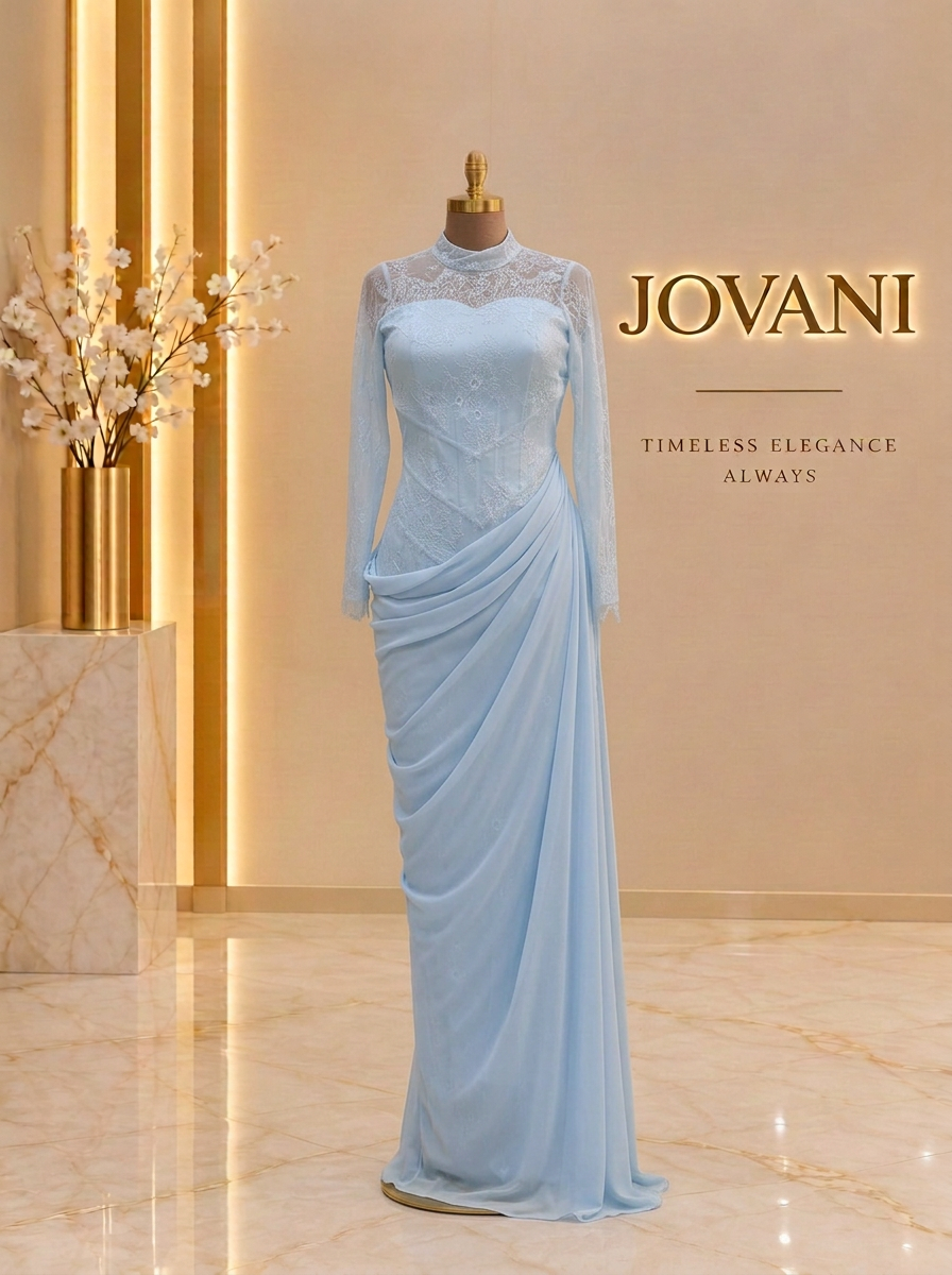 Ice Blue Lace Drape Gown