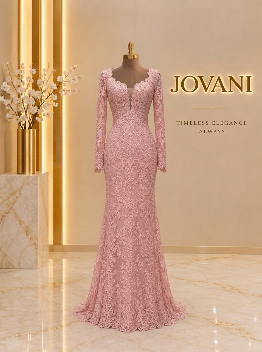 Pink Lace Long-Sleeve Gown