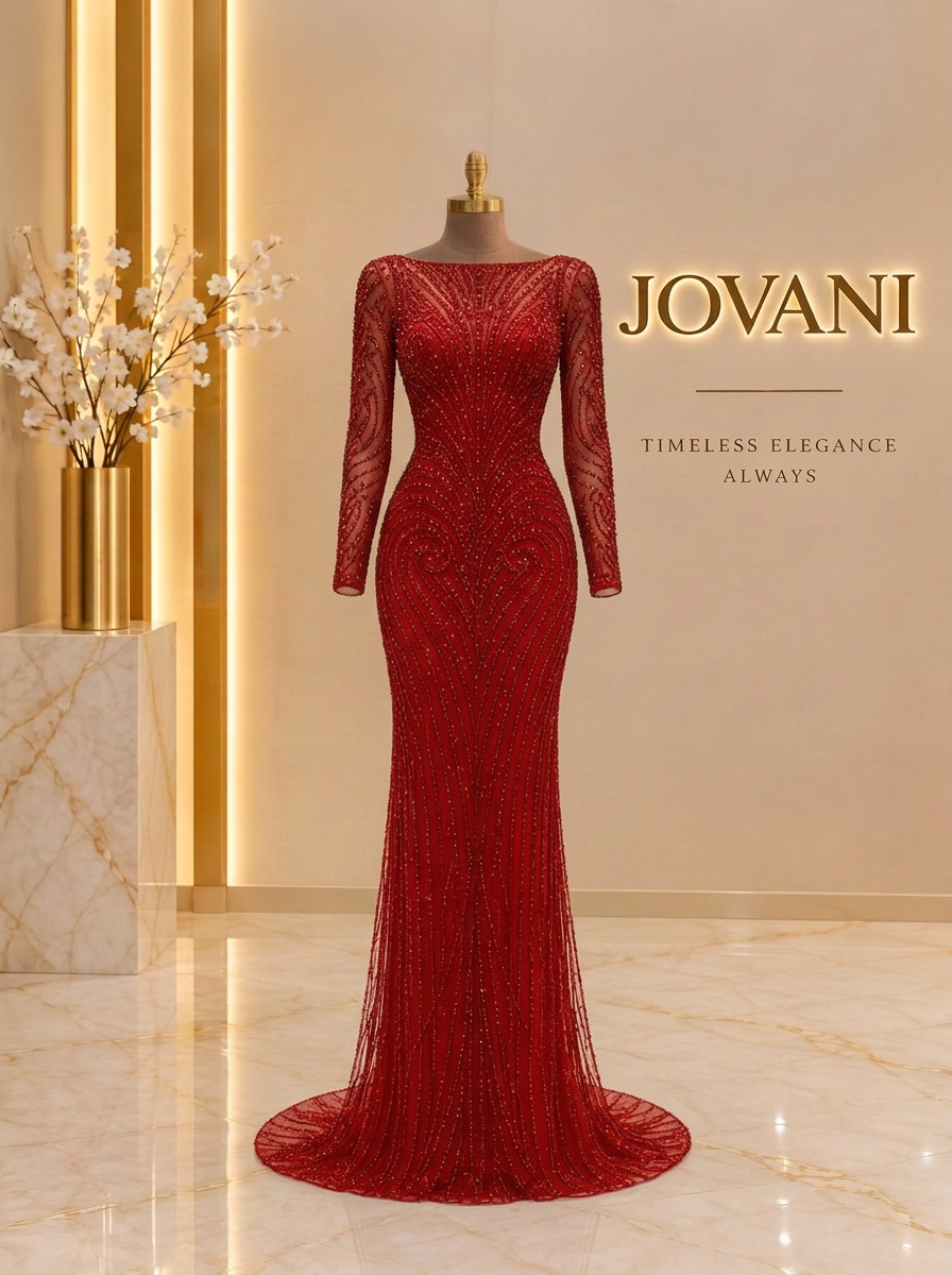 Red Beaded Long-Sleeve Gown