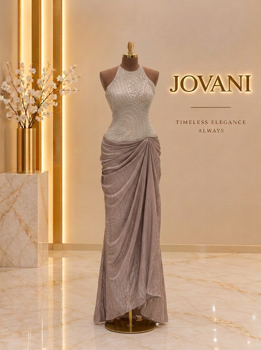 Taupe Draped Halter Gown